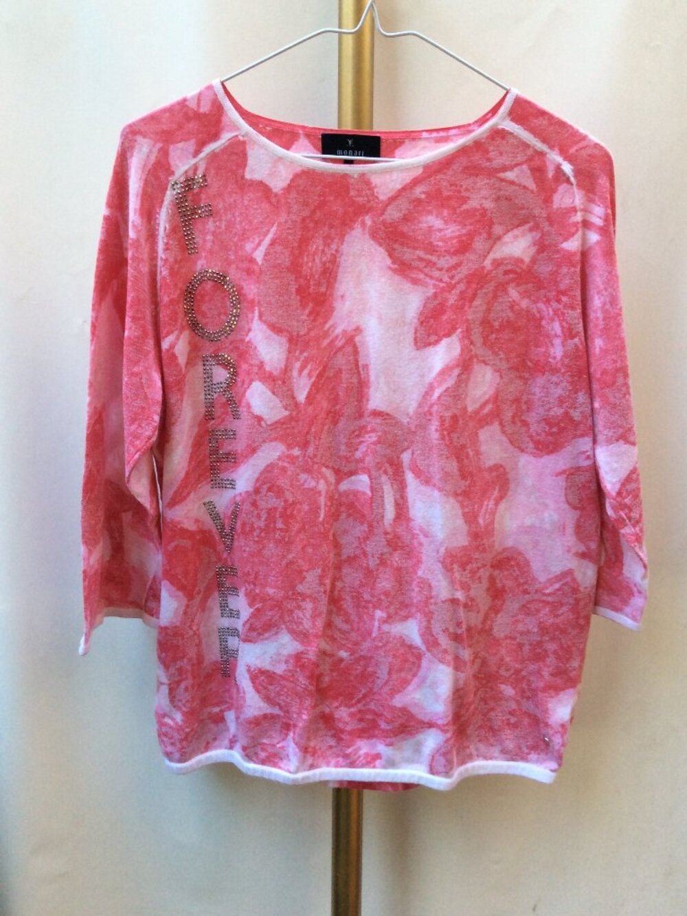 Monari Pink Abstract Floral Long Sleeve Knit Top Size 38
